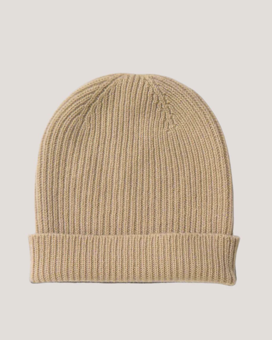 Rib Knit Cashmere Beanie Hat Camel